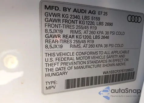 2025 Audi Q3 Premium 45 Tfsi S Line Quattro Tiptronic из США, поврежденный, VIN WA1EECF37S1108522